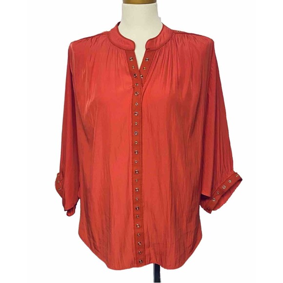 Chico's Women's Orange Batwing Sleeve Flowy Popover Top Size 1 (M) Gold Eyelet - Picture 1 of 9